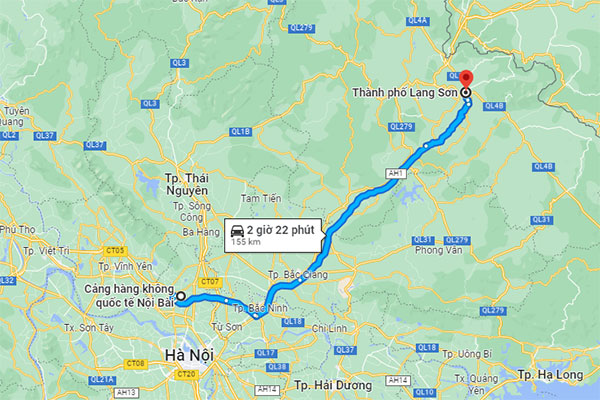 Quãng đường ước tính từ Sân Bay Nội Bài đi Ninh Bình
