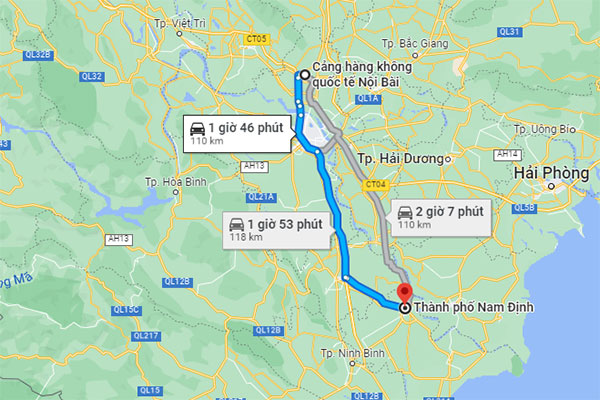 Quãng đường ước tính từ Sân Bay Nội Bài đi Nam Định
